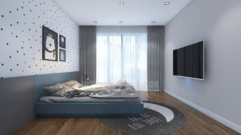 Giấy dán tường phòng bé đơn giản cùng bộ tranh canvas giúp phòng bé trở nên sinh động, đáng yêu. Thiết kế chung cư