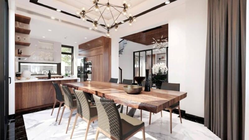Sẽ là một gợi ý sáng tạo sẽ khiến bạn thích thú như trong mẫu thiết kế không gian bếp hiện đại biệt thự Vinhomes Imperia Hải Phòng trong đây, bố trí kệ trang trí ở vị trí gần bàn ăn nhất giúp bạn lấy ly, chén một cách nhanh chóng