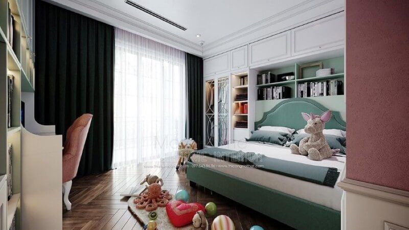 Thiết kế nội thất phòng ngủ con gái ấn tượng với bố trí giường ngủ, kệ tủ trang trí khoa học giúp không gian thông thoáng tối đa nhưng vẫn đảm bảo công năng, tính thẩm mỹ.