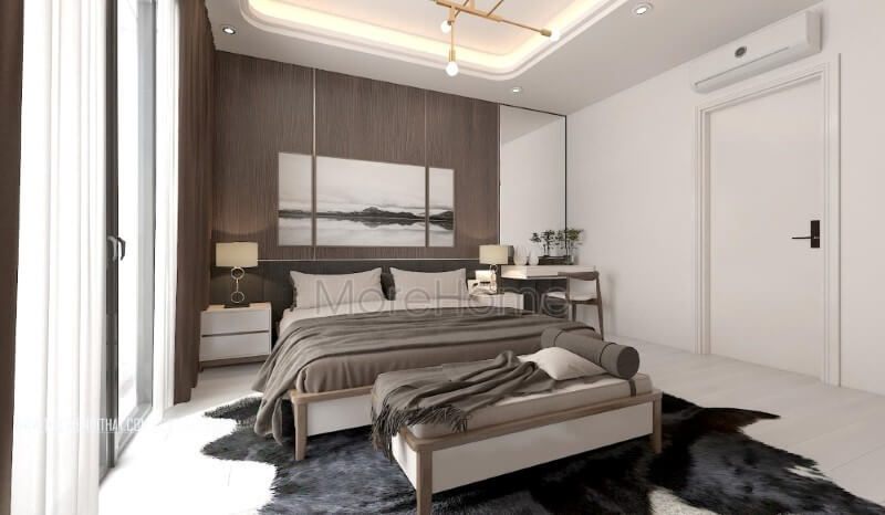 Trang trí nội thất phòng ngủ hiện đại ấn tượng với chất liệu gỗ óc chó sang trọng từ gỗ ốp tường, giường ngủ gỗ, đôn sofa,..